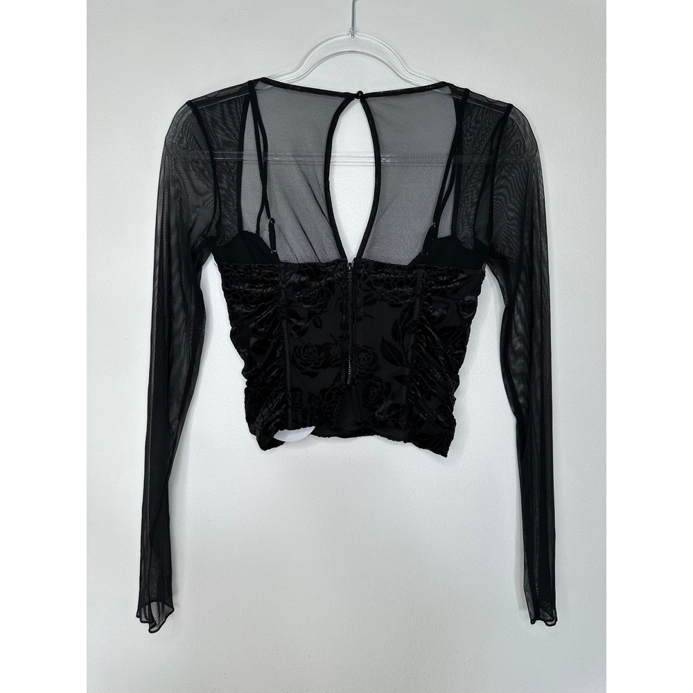 Princess Polly Saculla Long Sleeve Crop Top Size 4 Black Velvet Floral Mesh New - Picture 4 of 7